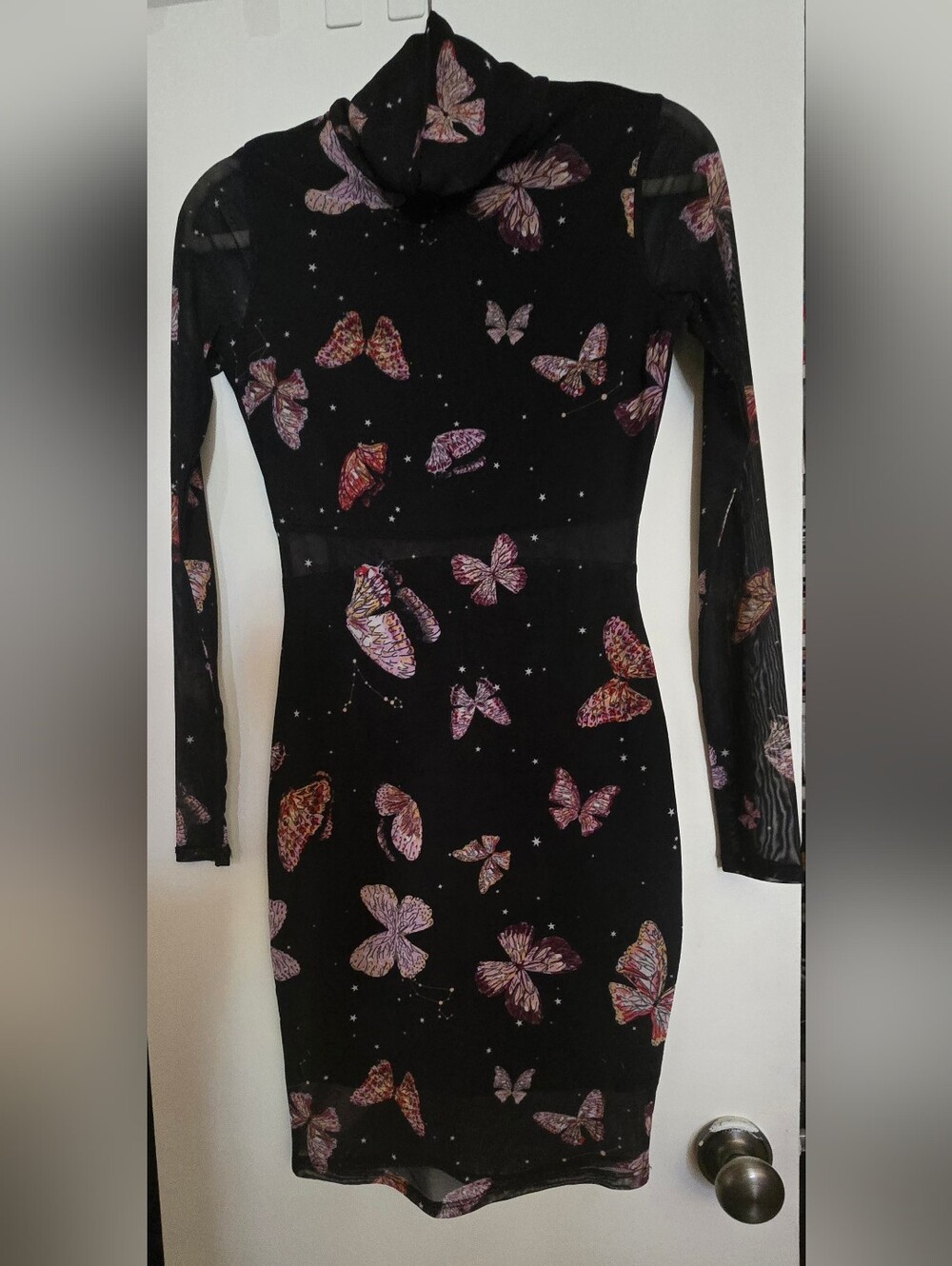Black Butterfly Sheer Long-Sleeve Dress- lined!